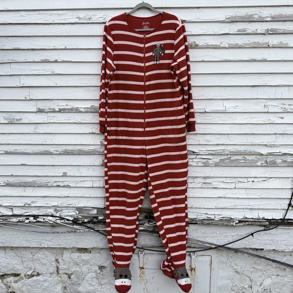 Nick & Nora Womens Footie One Piece Pajamas Red White Striped Pockets Medium